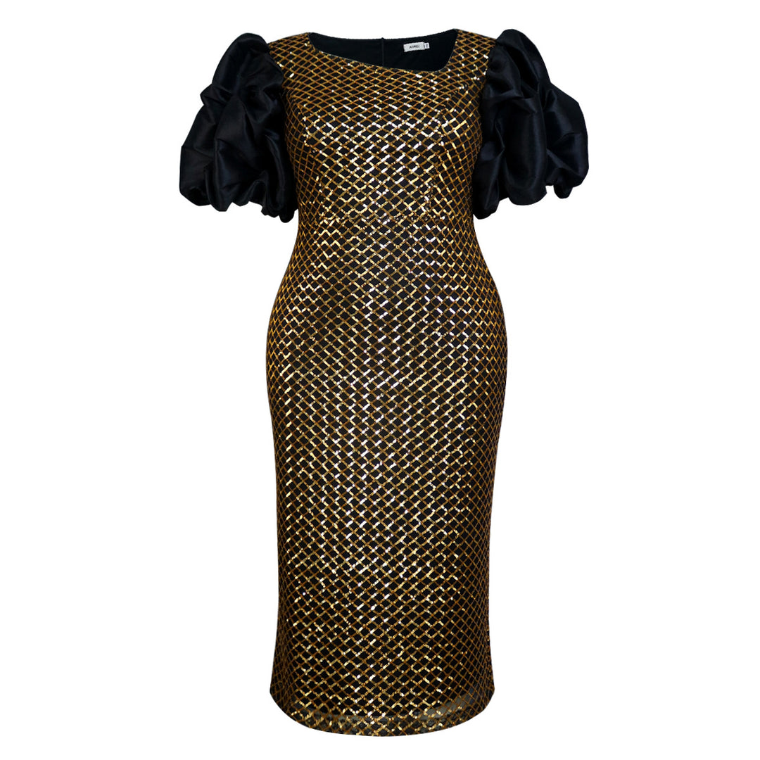 Damen Abendkleid mit strukturiertem Oberteil und voluminösen Puffärmeln R&B