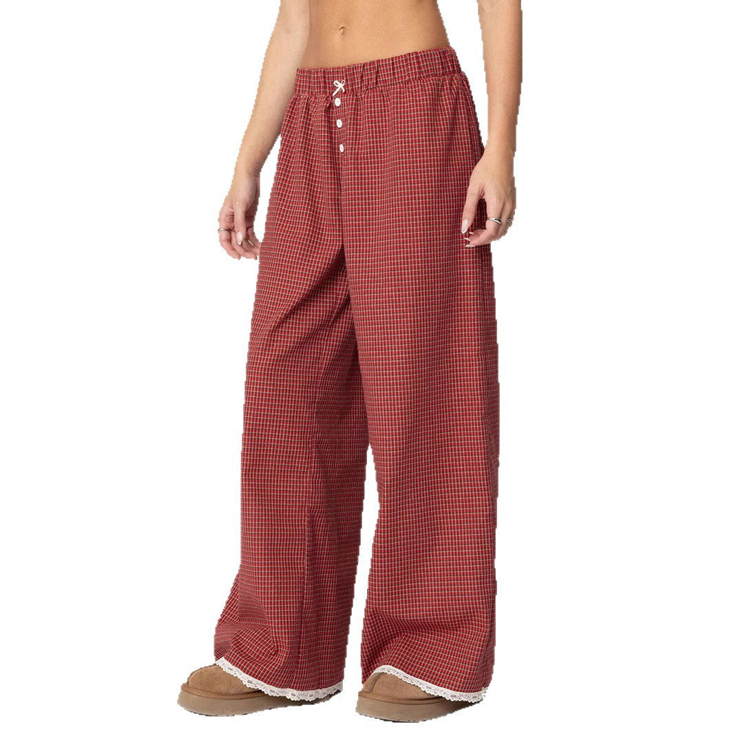 Damen Weit geschnittene Karohose mit Spitzendetails R&B