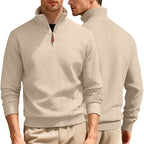 Herren nan feinstrukturierter Halbzip-Pullover im Jacquard-Relief mit hohem Stehkragen und Leder-Zipper R&B