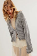 Damen lässige Strickjacke mit dekorativem Knopfverschluss und voluminösen Ärmeln R&B