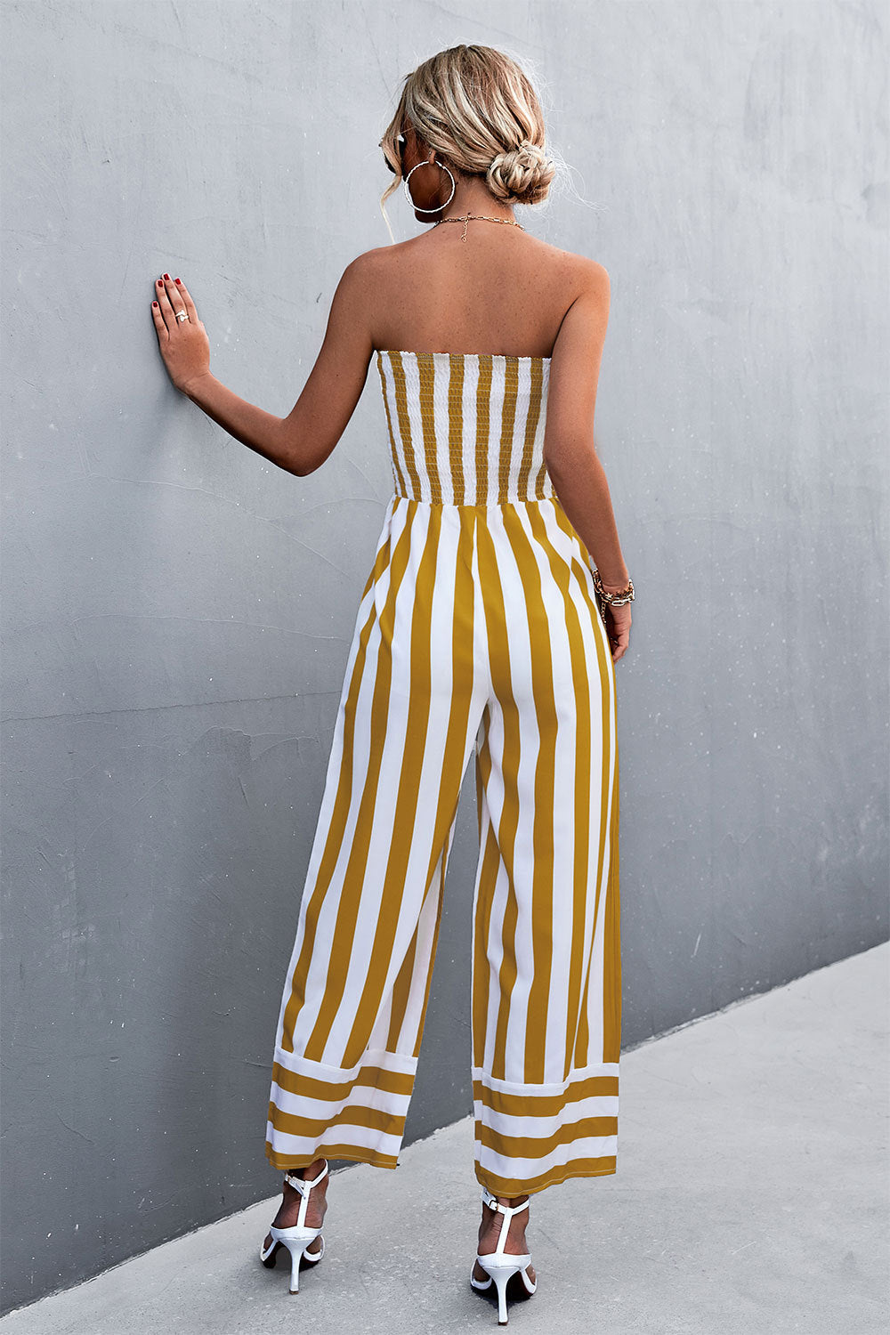 Damen Jumpsuit mit gestreiftem Oberteil und weitem Bein R&B