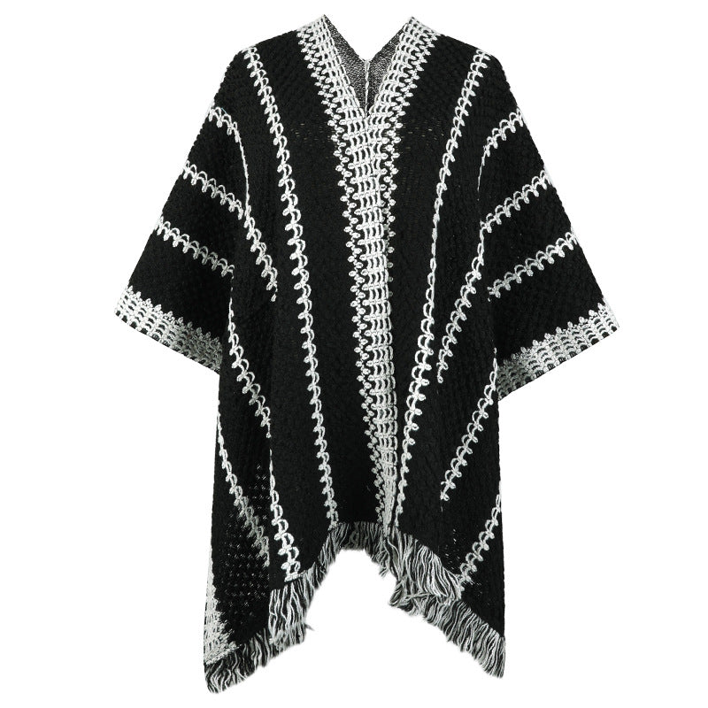 Damen Strickponcho mit V-Ausschnitt und Fransen R&B