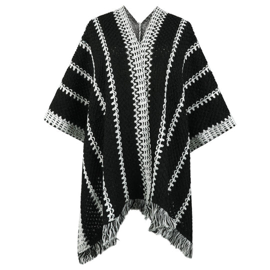Damen Strickponcho mit V-Ausschnitt und Fransen R&B