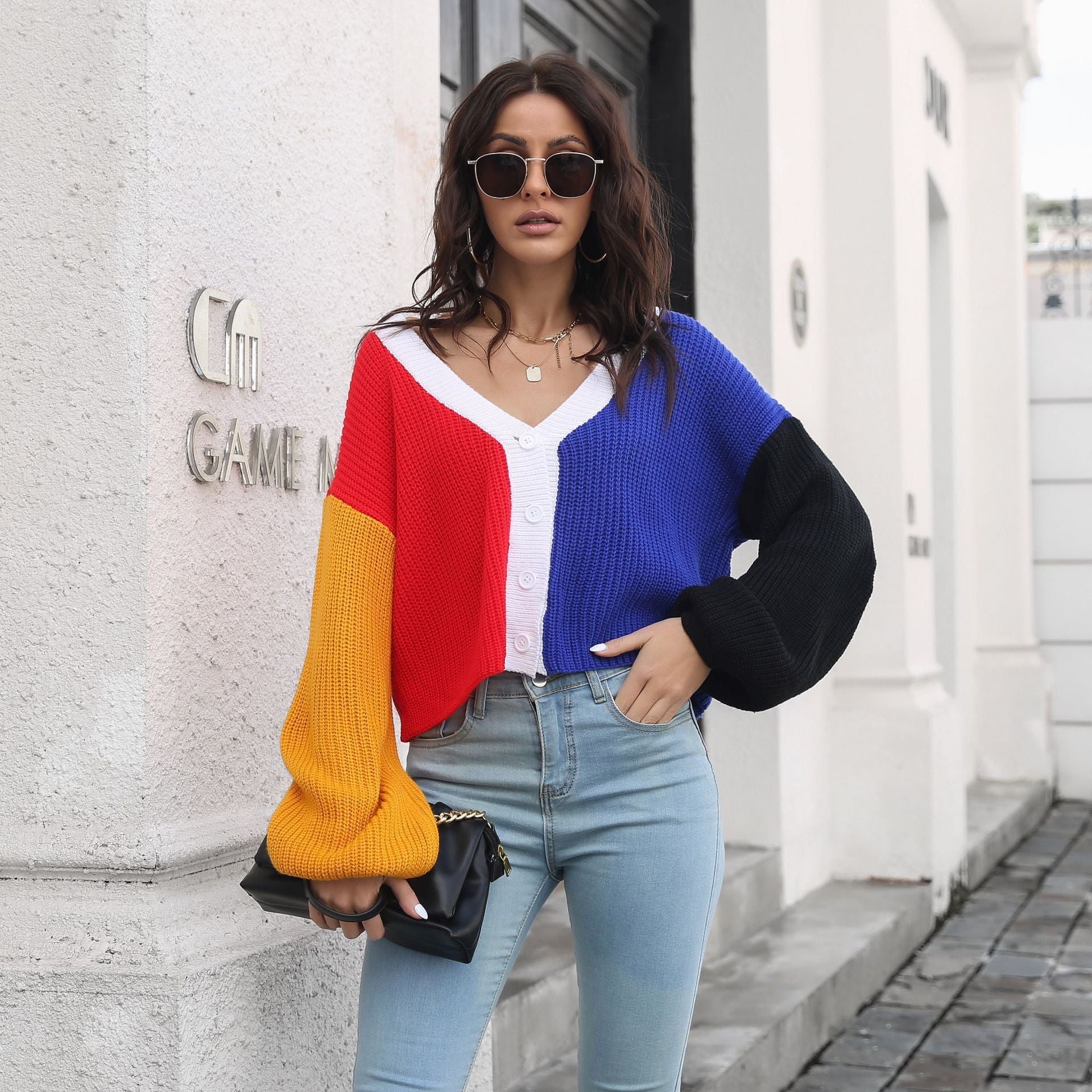 Damen Großer Strickpullover mit Farbblock-Design R&B
