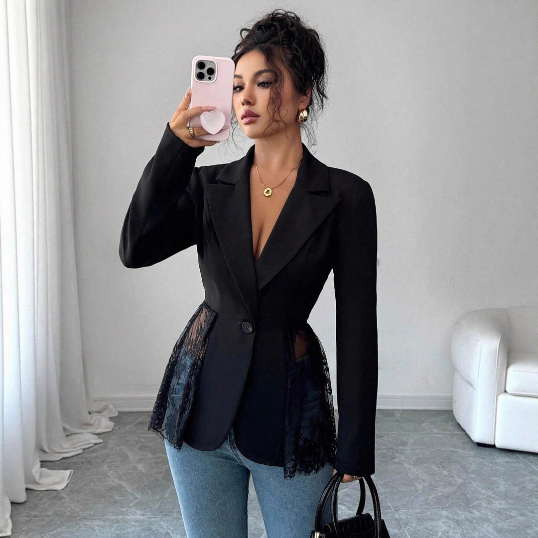Damen nan taillierter Blazer mit Spitzenbesatz und tiefem V-Ausschnitt R&B