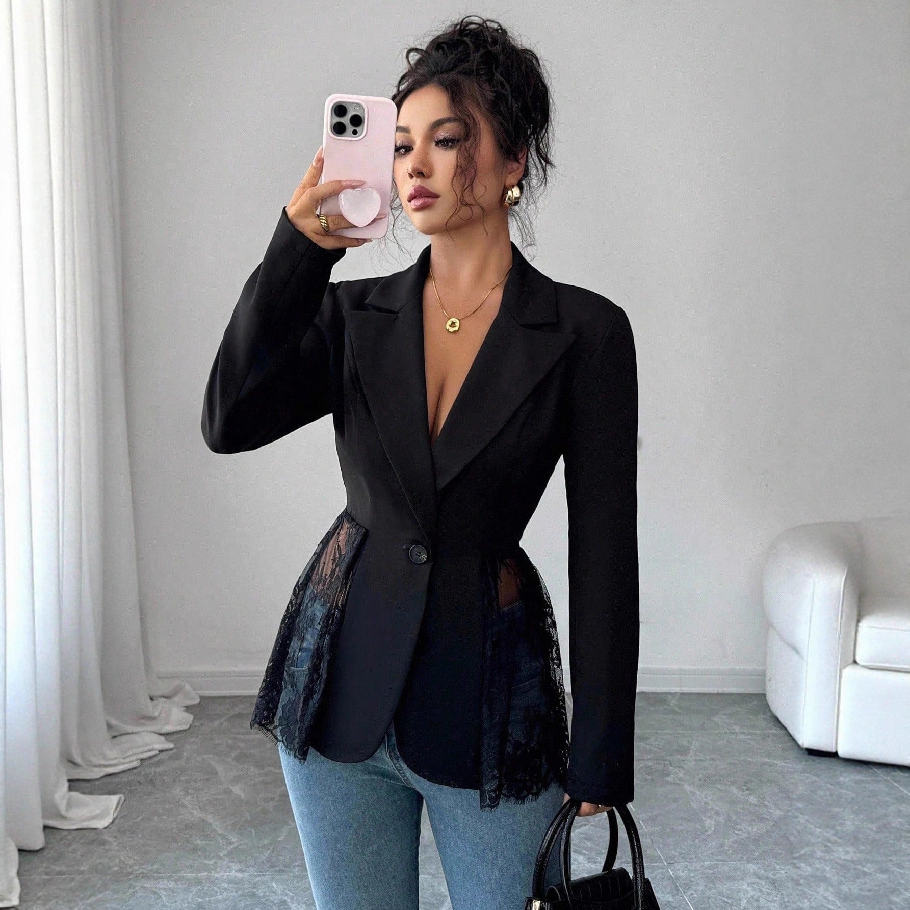 Damen nan taillierter Blazer mit Spitzenbesatz und tiefem V-Ausschnitt R&B
