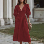 Damen Maxikleid mit schmaler Taille und Puffärmeln R&B