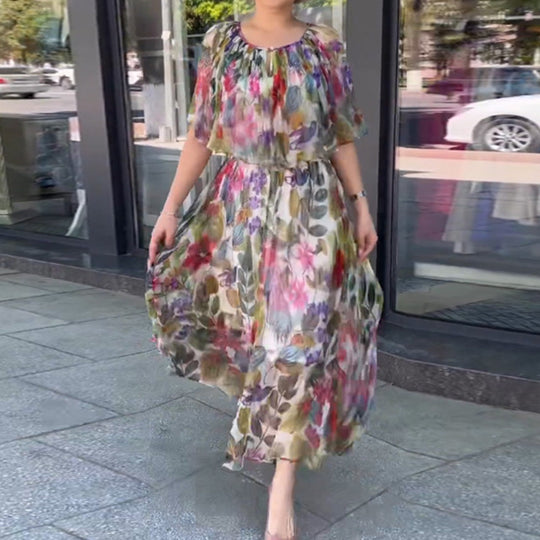 Damen Maxikleid mit transparentem Blütenmuster und elastischer Taille Heidi-Mode