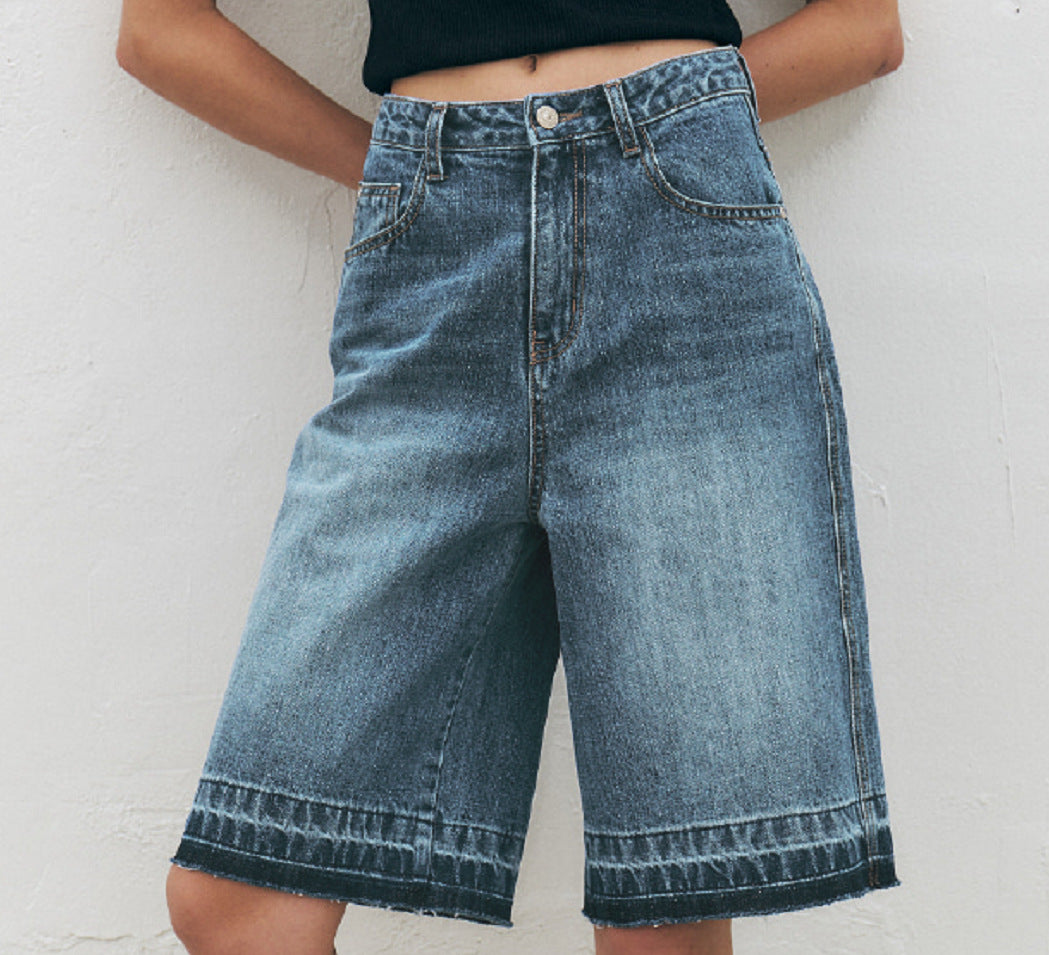 Damen Hoch taillierte Denim-Shorts mit weitem Bein und modischer Struktur R&B