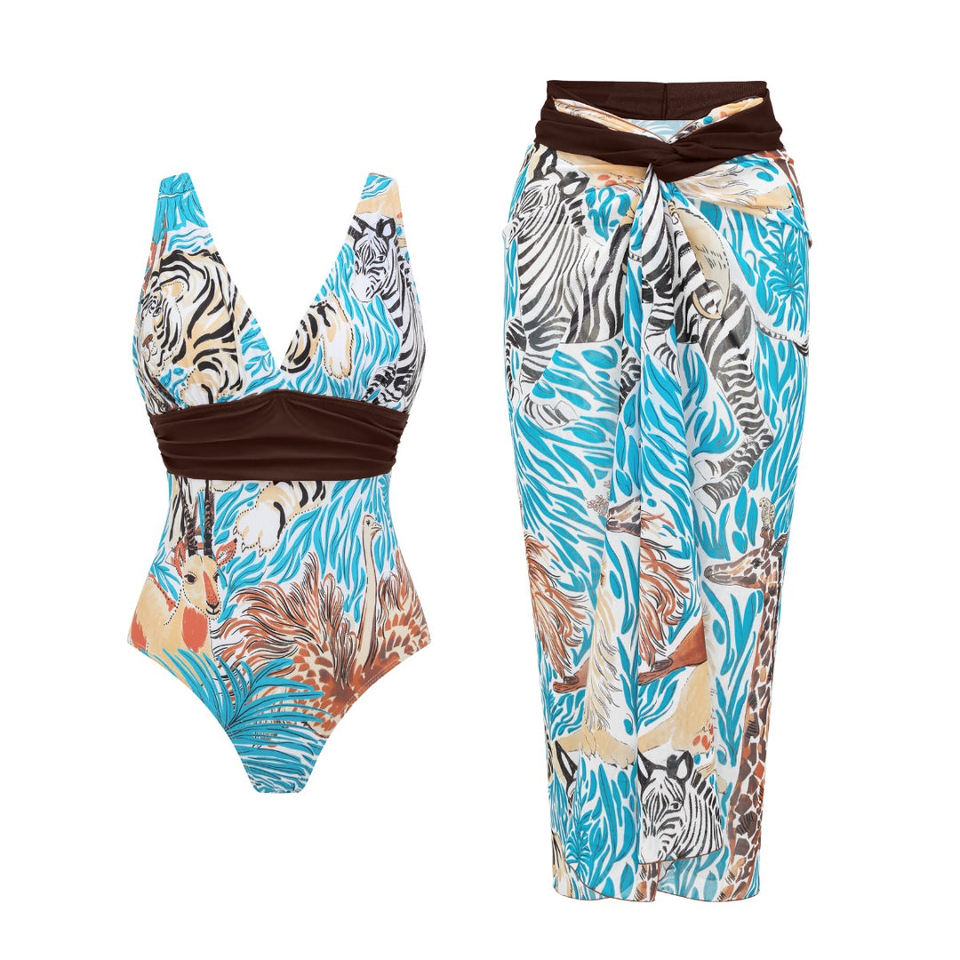 Damen Einteiler Badeanzug mit tierischem Print und eleganter Taillierung R&B
