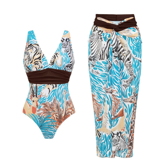 Damen Einteiler Badeanzug mit tierischem Print und eleganter Taillierung R&B