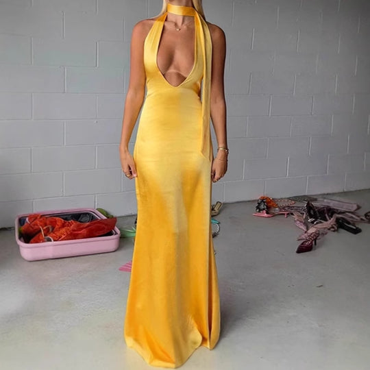 Damen Elegantes Maxikleid mit tiefem V-Ausschnitt und schmalem Bindegürtel R&B
