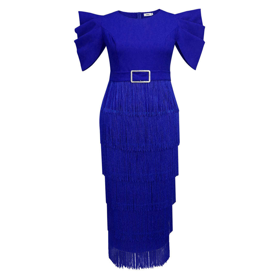 Damen Elegantes Fransen-Maxikleid mit voluminösen Puffärmeln R&B
