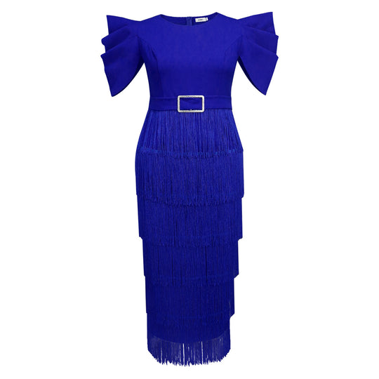 Damen Elegantes Fransen-Maxikleid mit voluminösen Puffärmeln R&B