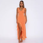Damen Maxikleid mit tiefem Schlitz und eleganten Rüschendetails R&B