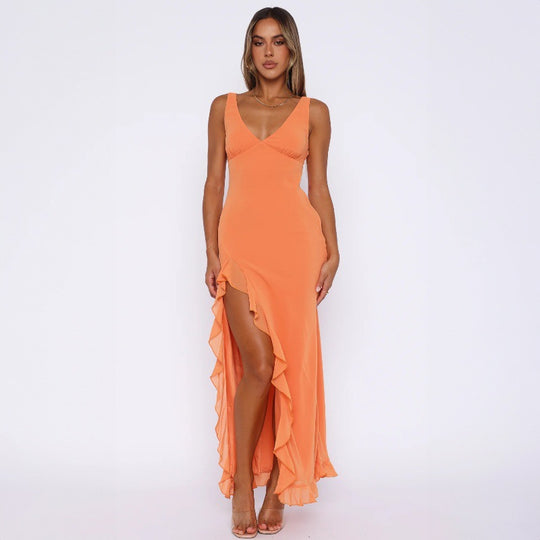 Damen Maxikleid mit tiefem Schlitz und eleganten Rüschendetails R&B
