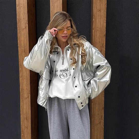 Damen Oversized Kunstlederjacke mit modischem Schnitt und eleganten Details R&B