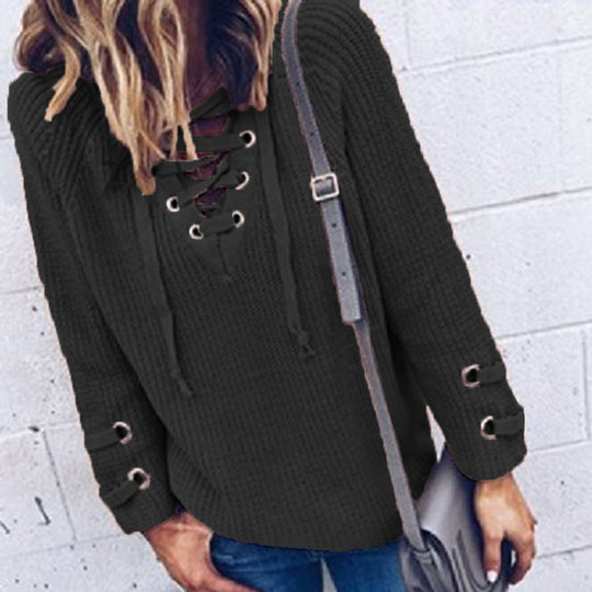 Damen Strickpullover mit dekorativem Schnürdesign und komfortablem Schnitt R&B
