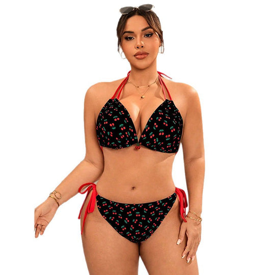 Damen Triangel-Bikini mit verstellbaren Bindebändern und fröhlichem Kirschmuster R&B