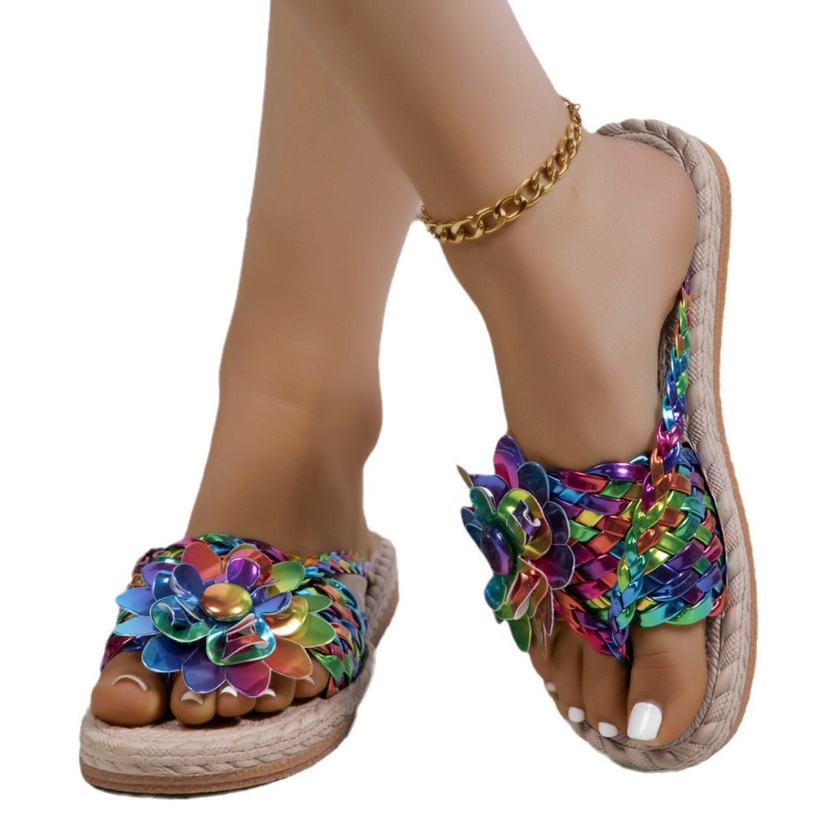Damen Zehentrenner-Sandalen mit dekorativen Blütenapplikationen und rutschfester Sohle R&B