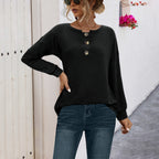 Damen lässiger Strickpullover mit dekorativen Knöpfen und weitem Schnitt R&B