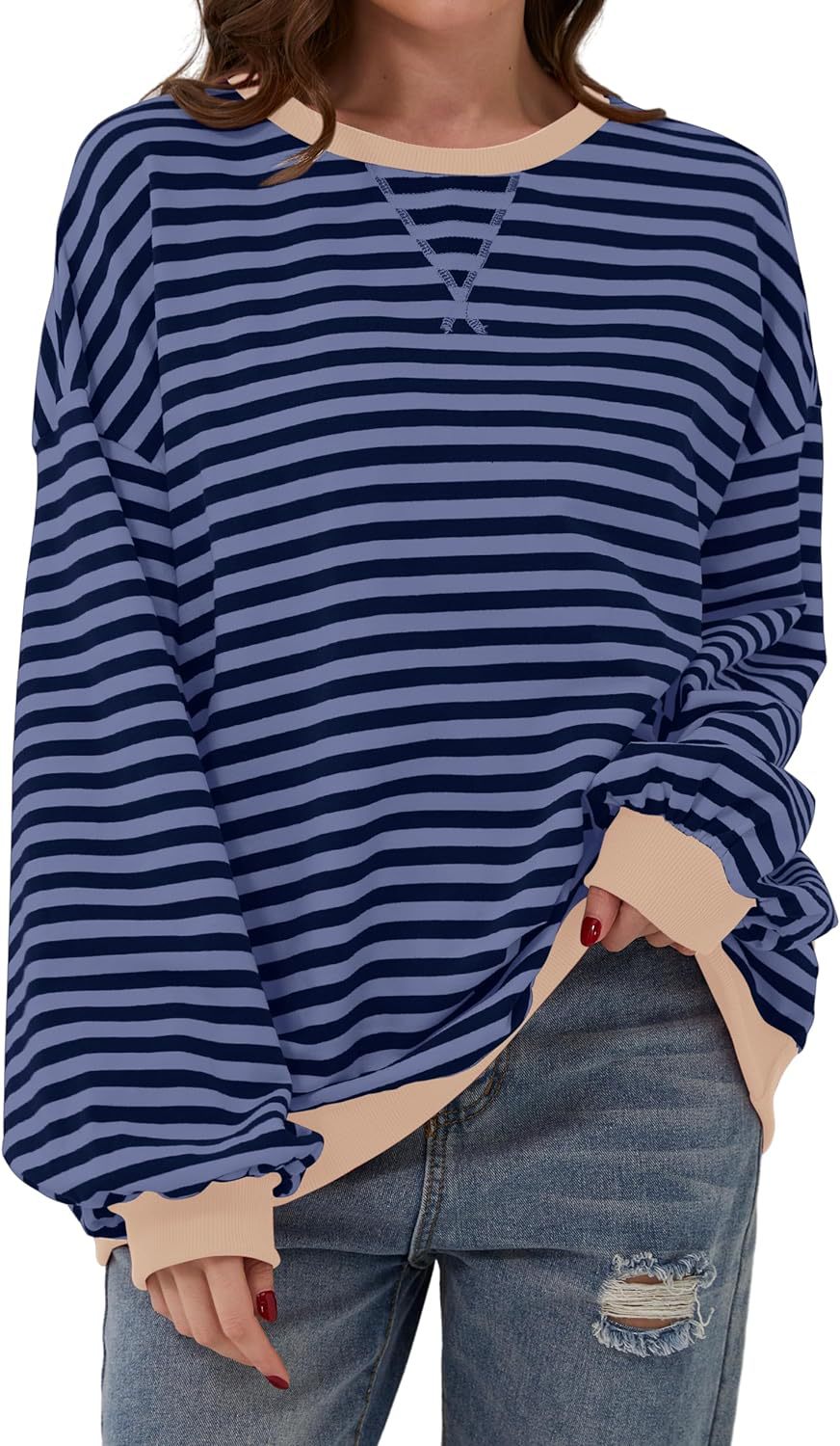 Damen Lässiger Sweatshirt mit bunten Streifen und weitem Schnitt R&B