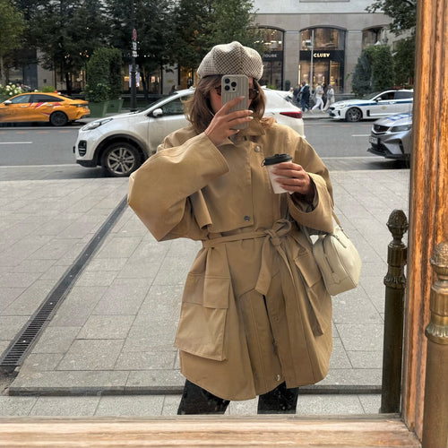 Damen Oversized Utility-Jacke mit Gürtel und großen Taschen R&B