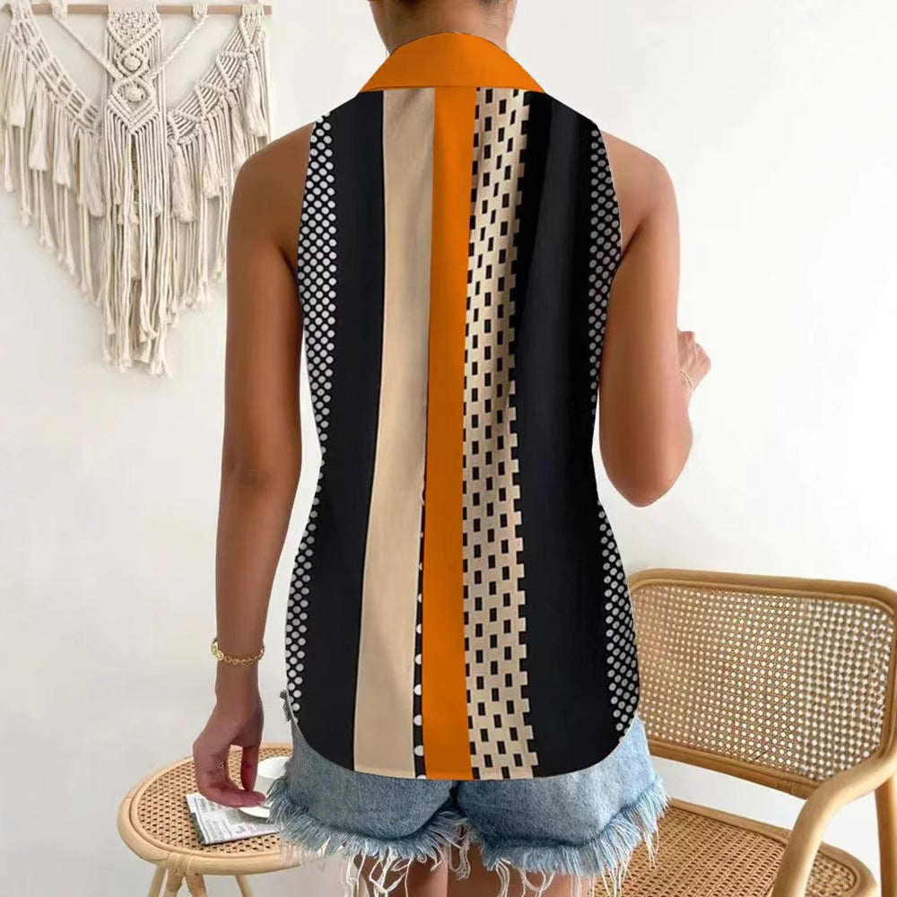 Damen nan ärmelloses Blusen-Top mit Hemdkragen, durchgehender Knopfleiste und asymmetrischem Paneelprint R&B