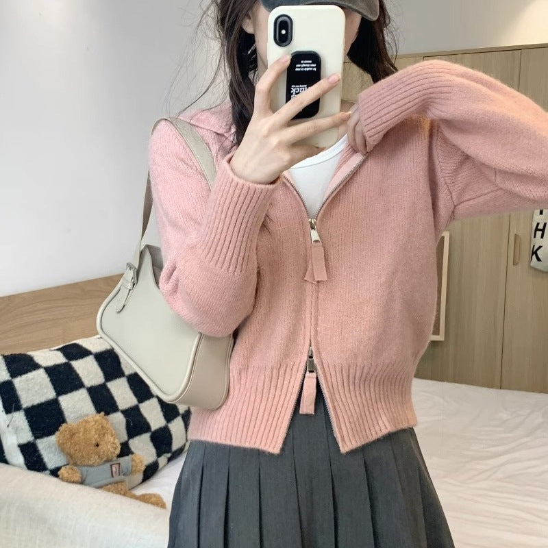 Damen Strickjacke mit hohem Kragen und Reißverschluss R&B