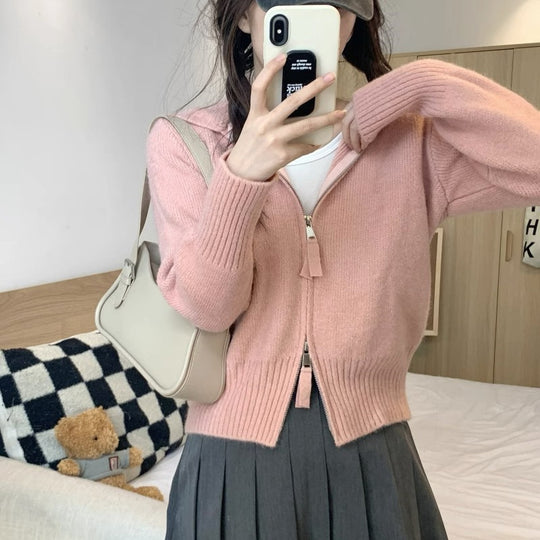 Damen Strickjacke mit hohem Kragen und Reißverschluss R&B