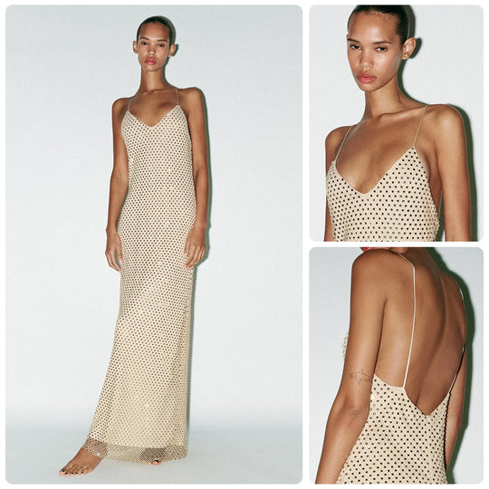 Damen Elegantes Maxikleid mit raffinierten Netzdetails und schmalen Spaghettiträgern R&B