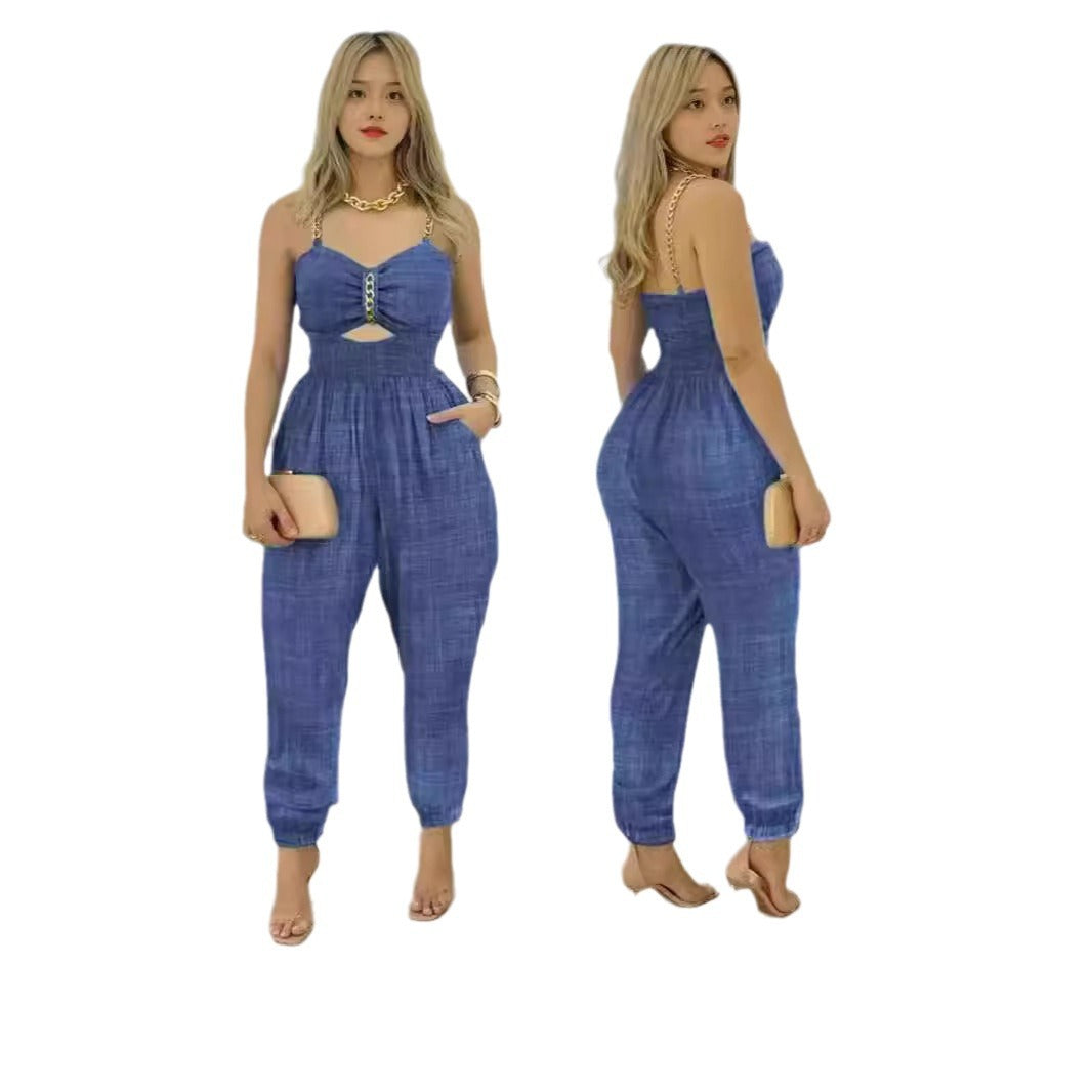 Damen Modischer Jumpsuit mit Cut-Out und dünnen Trägern R&B