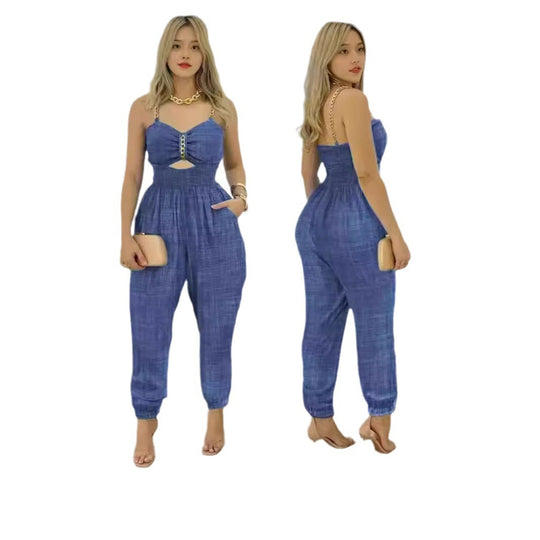 Damen Modischer Jumpsuit mit Cut-Out und dünnen Trägern R&B