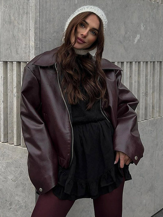 Damen Lässige Kunstlederjacke mit oversized Schnitt und praktischen Taschen R&B