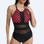 Damen Sportlicher Einteiler Badeanzug mit Netzdetails R&B