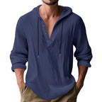 Herren nan lässiges Kapuzen-Henley Leinenmix Overshirt mit Kordelzug R&B