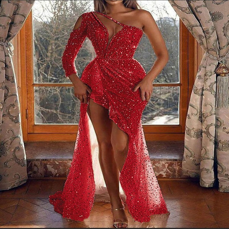 R&B | Puff Kurzarm Tailliertes Pailletten Midi Partykleid