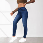 Damen High-Waist Skinny Jeans mit angedeuteten Taschen und elastischem Bund R&B