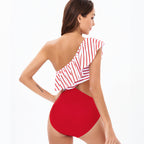 Damen Einteiler Badeanzug mit asymmetrischem Schnitt und raffinierten Rüschendetails R&B