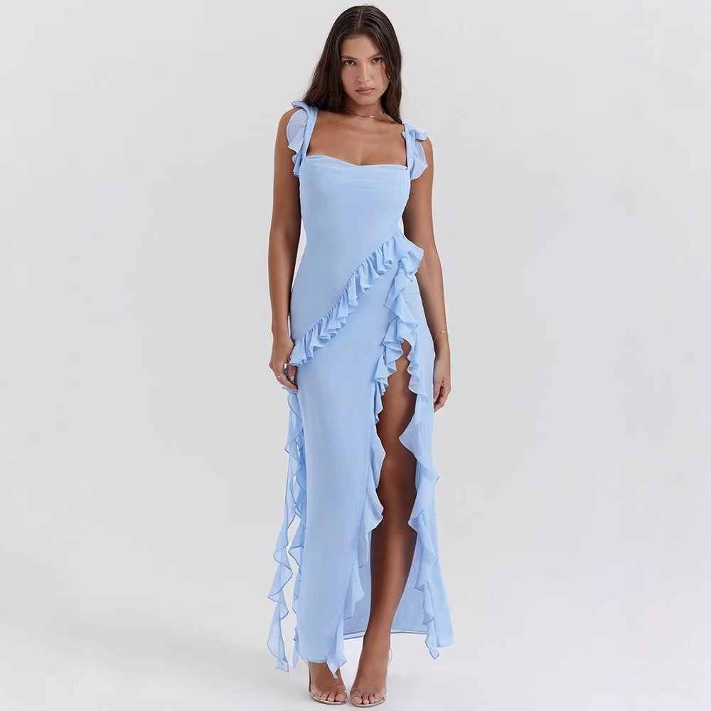 Damen asymmetrisches Maxi-Kleid mit Rüschendetails und hohem Schlitz R&B