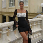 Damen Elegantes Bodycon Kleid mit Spitzenelementen und transparenten Ärmeln R&B