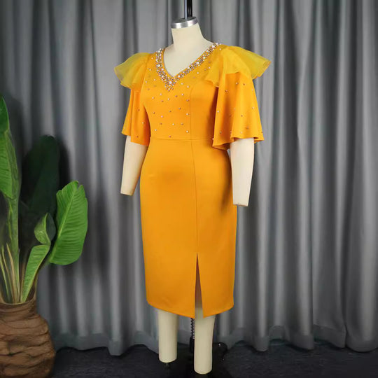 Damen elegantes Schimmerndes Midi-Kleid mit Volantrüsche und Glamourösen Akzenten R&B