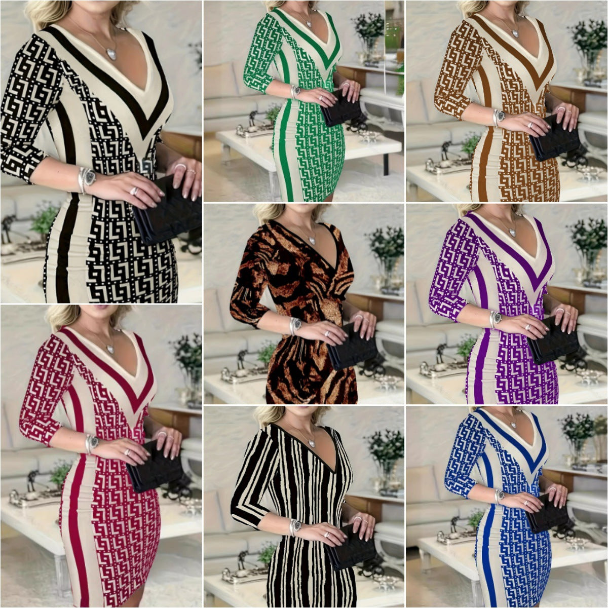 Damen Elegantes und figurbetontes Kleid mit grafischem Muster R&B