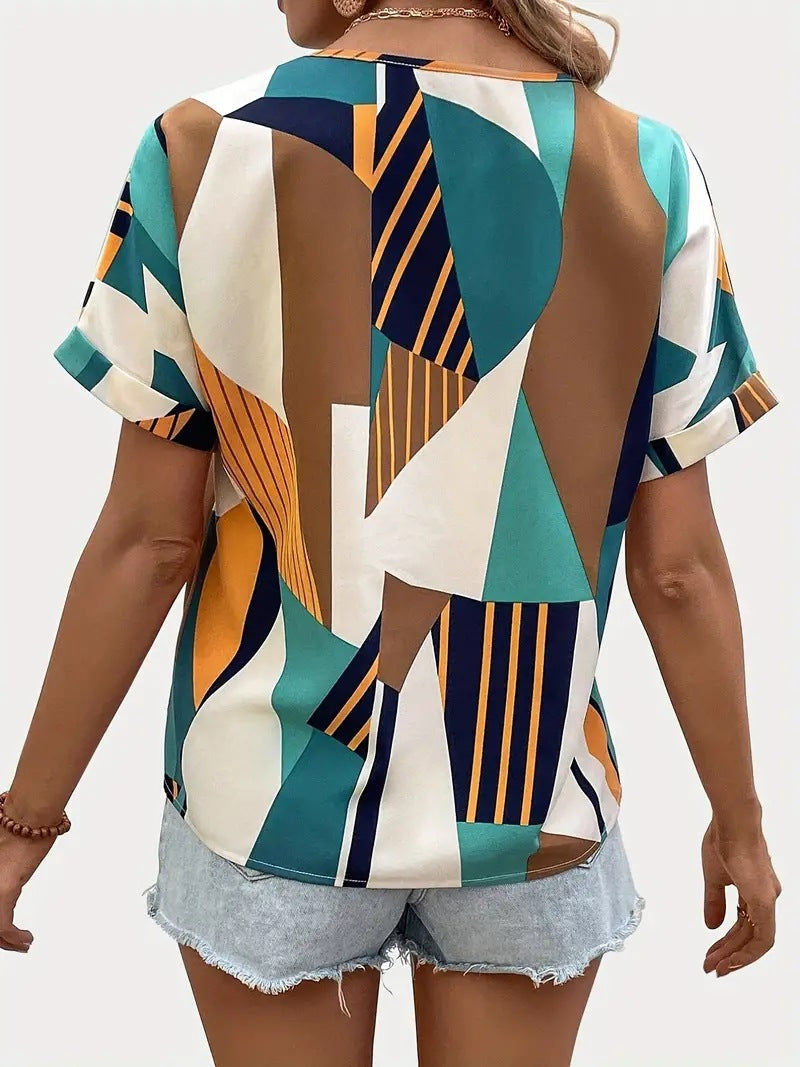 Damen V-Ausschnitt T-Shirt mit geometrischem Muster R&B
