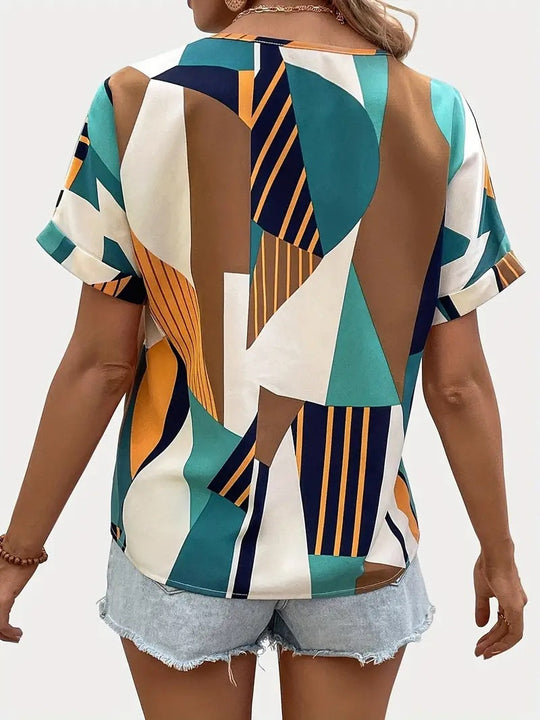 Damen V-Ausschnitt T-Shirt mit geometrischem Muster R&B