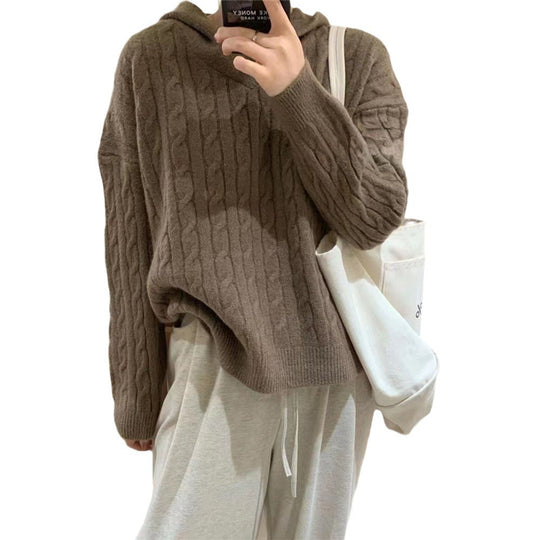 Damen Kuscheliger Strickpullover mit Kapuze und Kabelmuster R&B