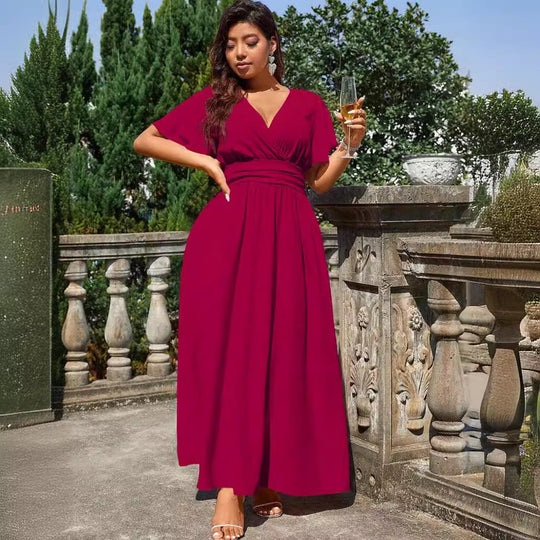 Damen Maxikleid mit tiefem V-Ausschnitt und tailliertem Schnitt R&B