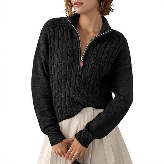 Damen Grobstrick Pullover mit Stehkragen und halbem Reißverschluss R&B