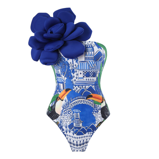 Damen Eleganter Badeanzug mit großem Blumen-Detail und transparentem Überrock R&B