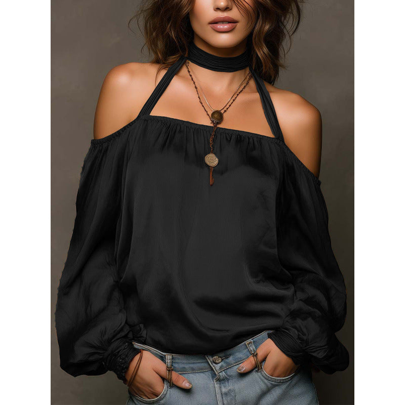 Damen Off-Shoulder Bluse mit voluminösen Ärmeln und Choker R&B